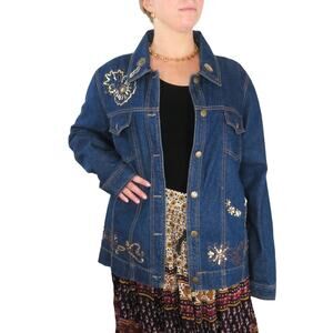 Denim & Co. 1990s Vintage Embellished Denim Jacket Jean Jacket Beaded Sequin XL